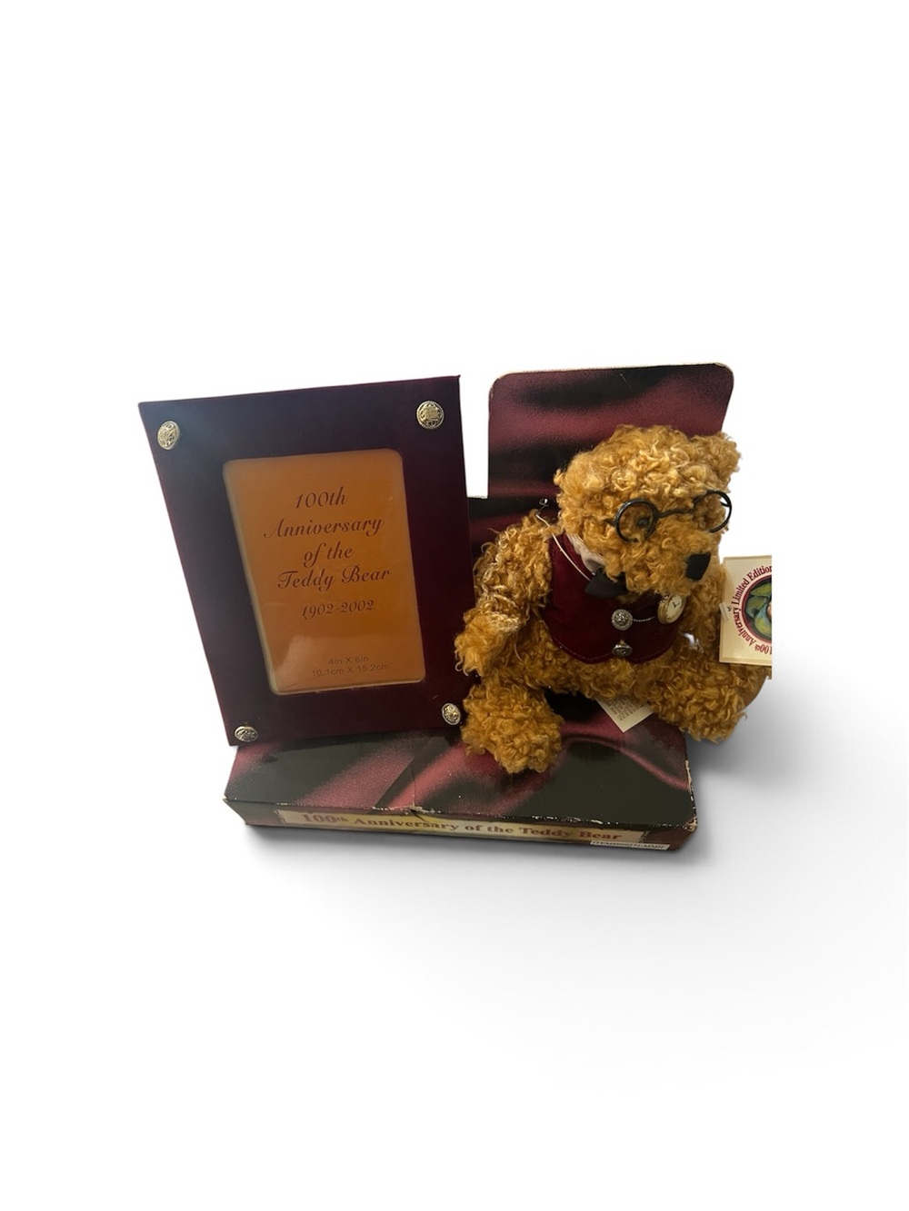 100th Anniversary Teddy Bear Photo Frame - Brown Bear with Burgundy Accents